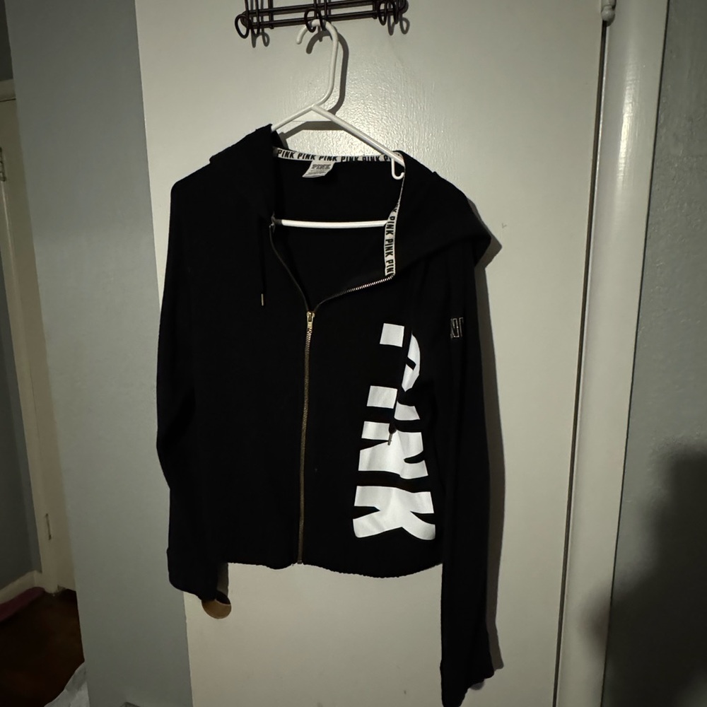 PINK Black Hoodie with White Branded Trim